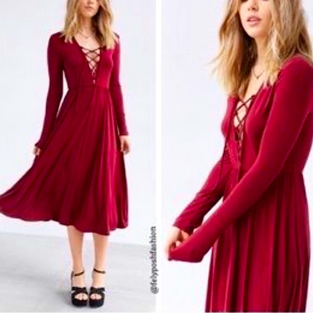 Ecote Urban outfitters burgundy lace-up maxi Dress Sz S/P full length flowy boho - Picture 10 of 11
